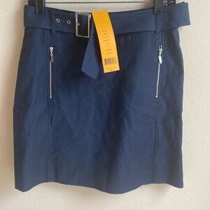 Tory Burch Navy Twill A Line Skirt Belted 6 NWT lined cotton linen spandex